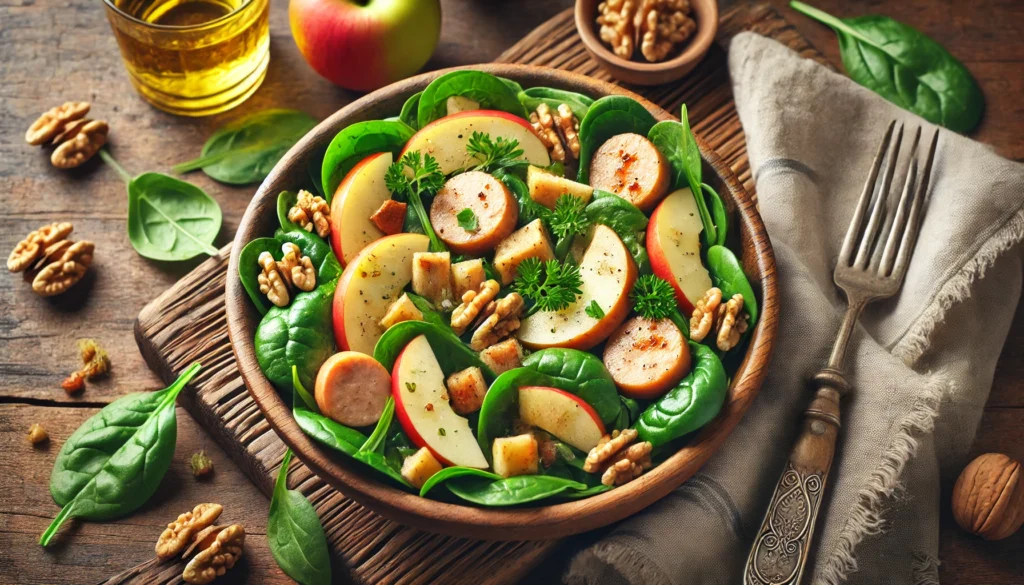 Fresh Chicken Apple Sausage Salad with spinach, apple slices, walnuts, and maple vinaigrette served in a rustic bowl on a wooden table.