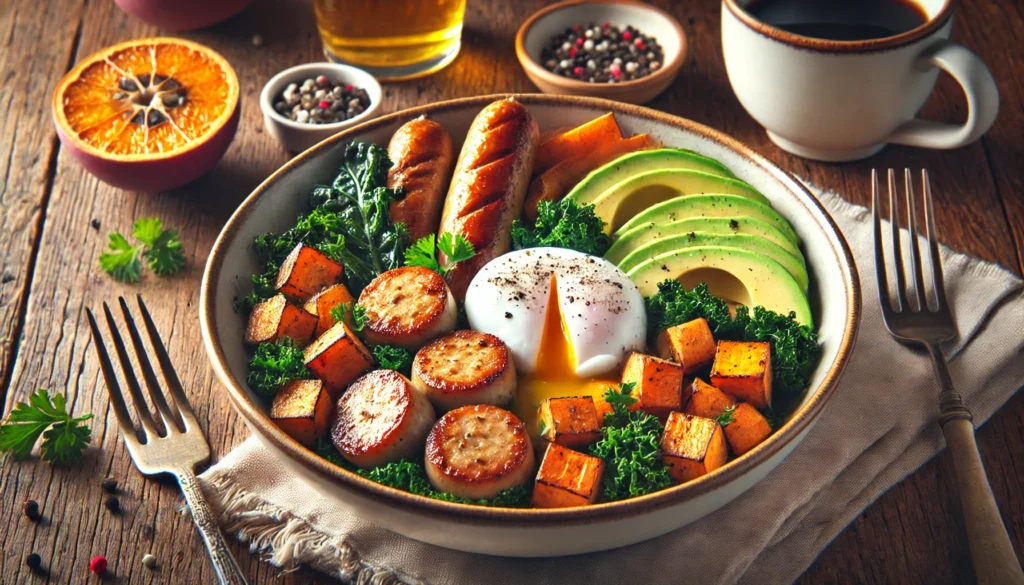 Sausage and sweet potato breakfast bowl with roasted sweet potatoes, chicken apple sausage slices, sautéed kale, poached egg, and avocado slices, garnished with parsley and black pepper